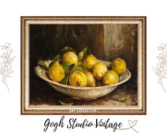 Lemon Still Life Oil Painting, Kitchen Wall Art Moody Fruit Art Print Vintage Citrus, Vintage Antique Oil Painting Digital Downloadable