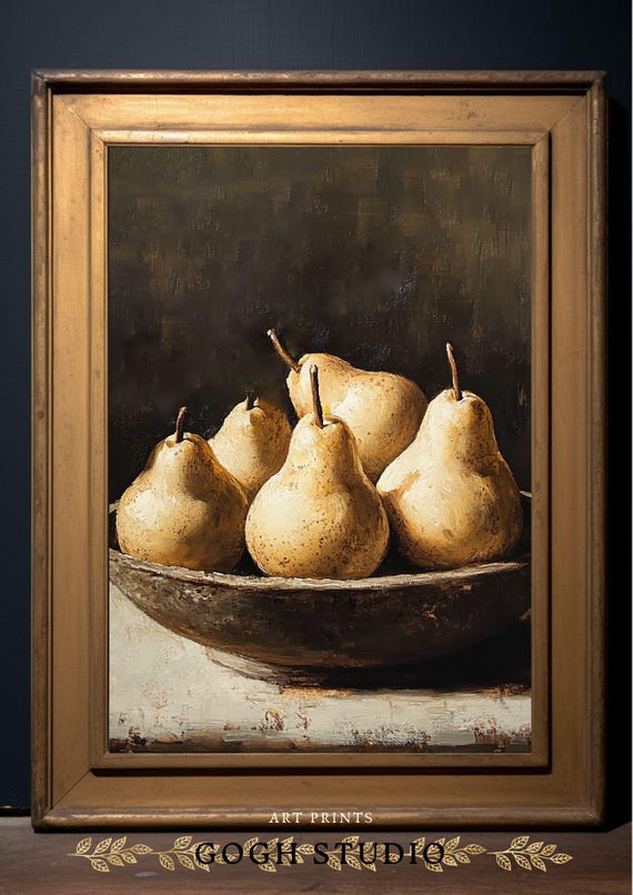 ヴィンテージの洋梨の静物画、素朴なキッチンアート（デジタルプリント
