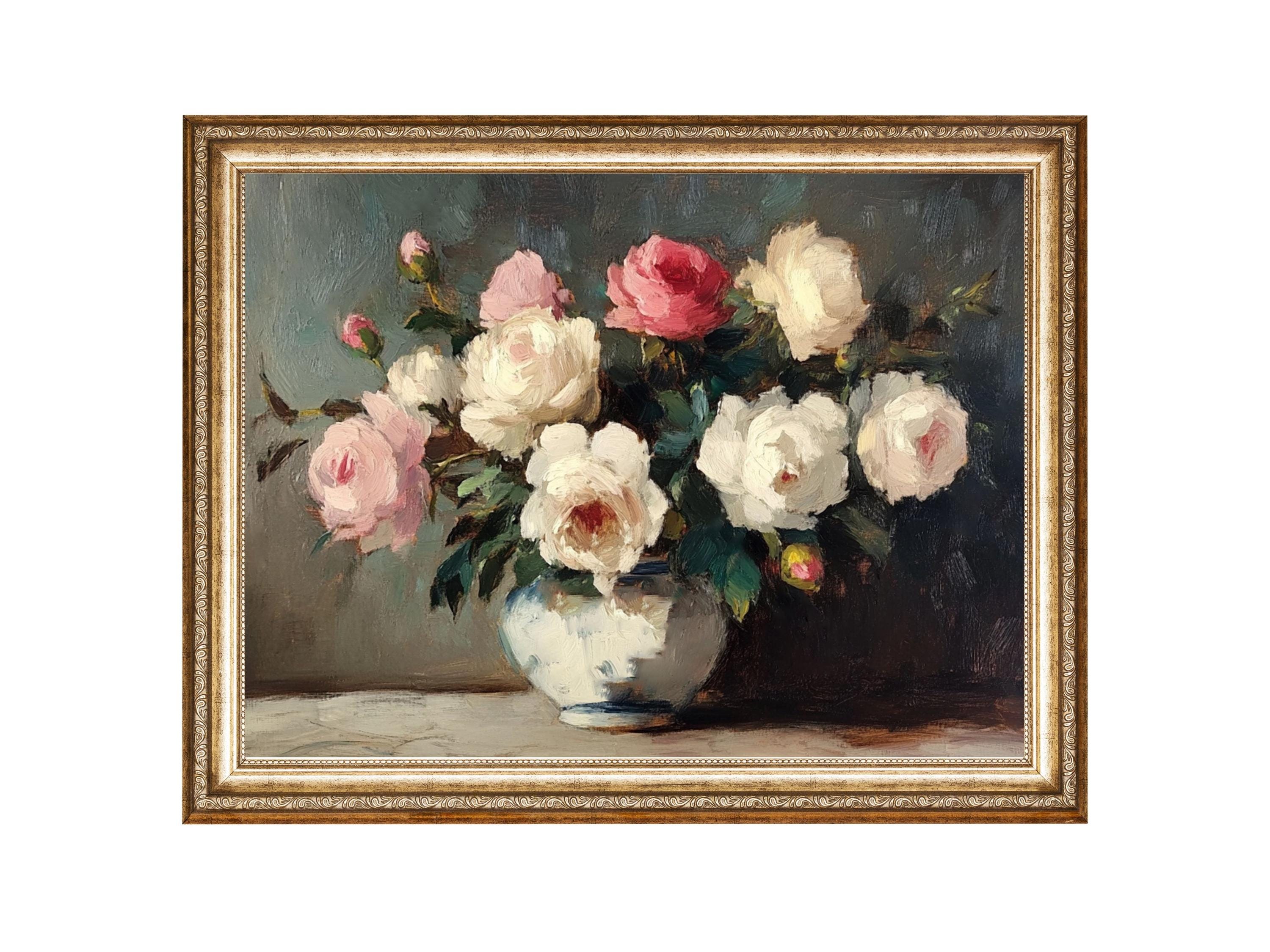 Pink And White Roses In A Vase Floral Still Life Art VINTAGE Oil Painting, Cottagecore Wall Art, Printable Wall Art, Digital Prints