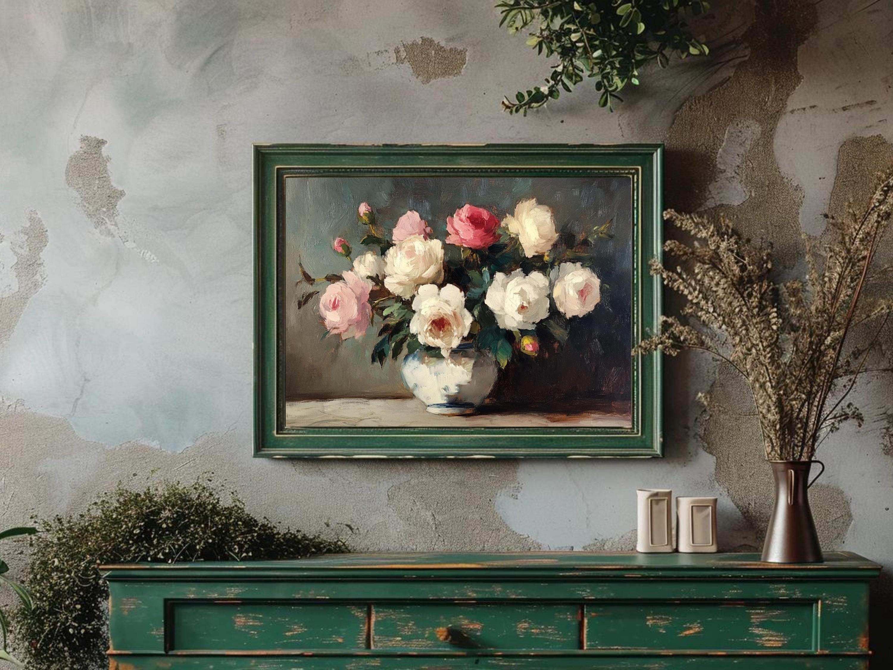 Vintage Rose Still Life Painting, Cottagecore Floral Art (digital ...