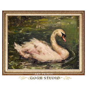 Vintage Swan Lake Oil Painting, Antique Wall Art (Digital Download)