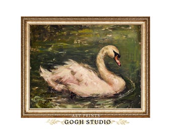 Pintura a óleo vintage do Lago dos Cisnes, arte de parede antiga (download digital)