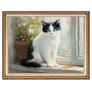 Black And White Cat Window Art, Rustic Animal Wall Print, VINTAGE Oil Painting, Cottagecore Wall Art, Printable Wall Art, Digital Prints