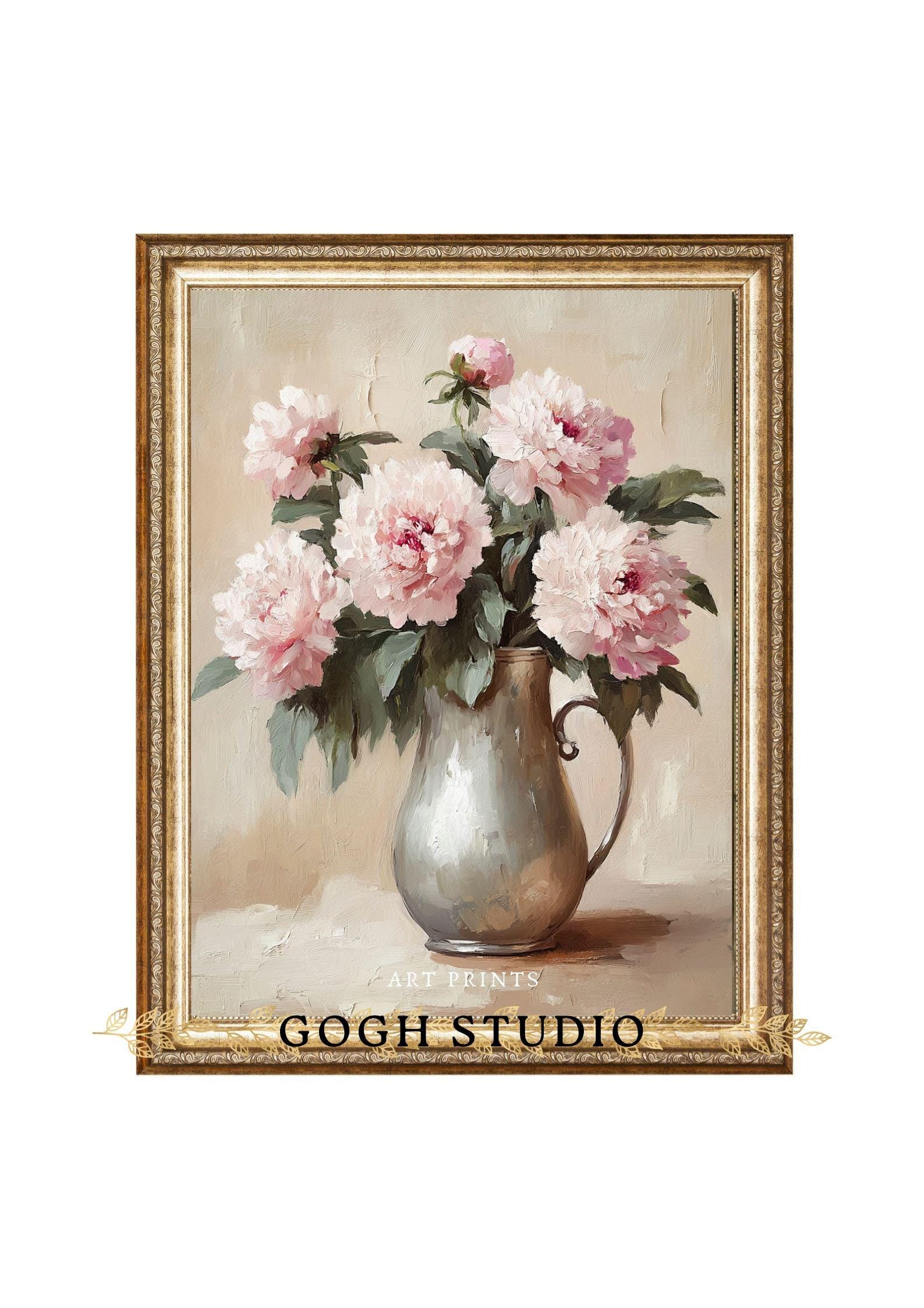 ピンクの牡丹の花瓶の静物画 ヴィンテージ ウォールアート 印刷可能な