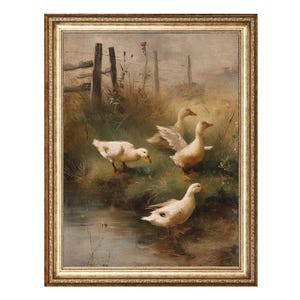 Four White Ducks by Pond in Rustic Countryside Farm Scene, VINTAGE Oil Painting, Cottagecore Wall Art, Printable Wall Art, Digital Prints