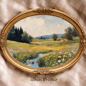 Vintage olieverfschilderij lenteweide, rustiek landschap (digitale print) afbeelding 4