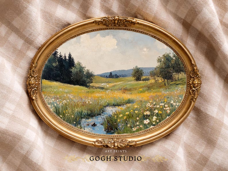Vintage olieverfschilderij lenteweide, rustiek landschap (digitale print) afbeelding 4