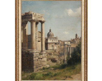 Pintura al óleo de ruinas romanas antiguas: paisaje de templo estilo cottagecore (impresiones digitales)