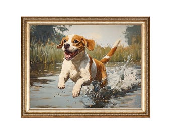 ヴィンテージ犬の油絵、コテージコアウォールアート（デジタルプリント