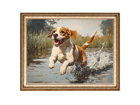 ヴィンテージ犬の油絵、コテージコアウォールアート（デジタルプリント