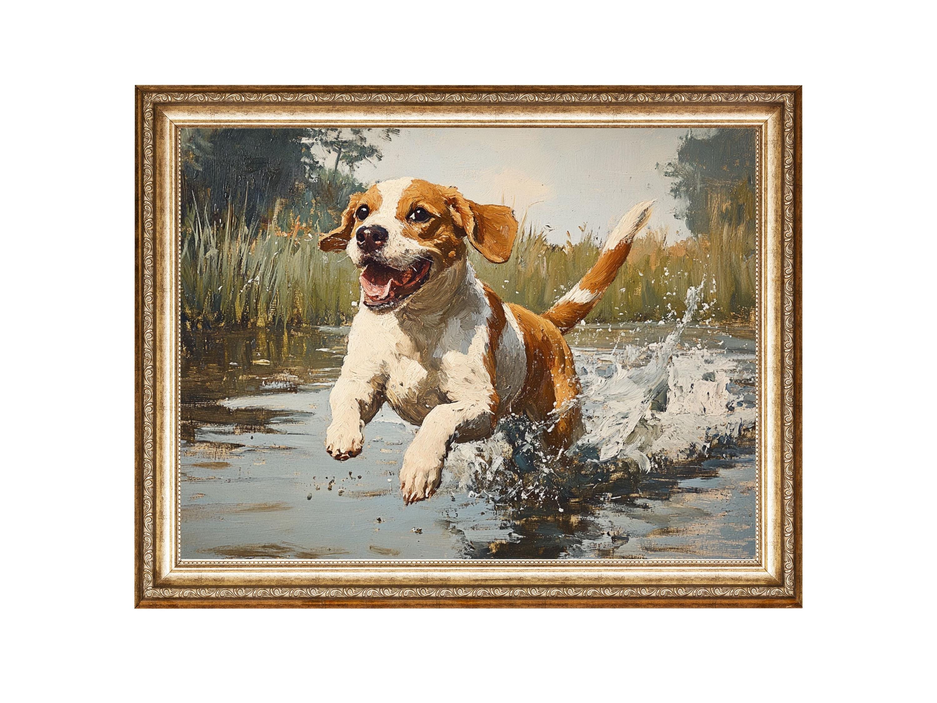 ヴィンテージ犬の油絵、コテージコアウォールアート（デジタルプリント