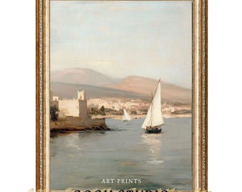 Vintage Sailboats Seascape Art Print, Coastal Painting (Digital Download)