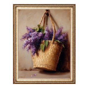 壁に掛けられた編み籠に入ったライラックの花、素朴な花の静物画、ヴィンテージ油絵、コテージコア風ウォールアート、デジタルプリント