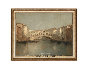 Pintura al óleo del puente de Rialto de Venecia, arte mural vintage de góndola estilo cottagecore (impresiones digitales)