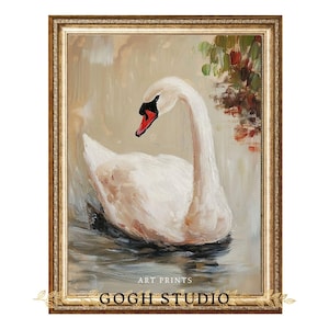 White Swan Vintage Oil Painting Realism Bird Art Elegant Water Scene Living Room Wall Decor