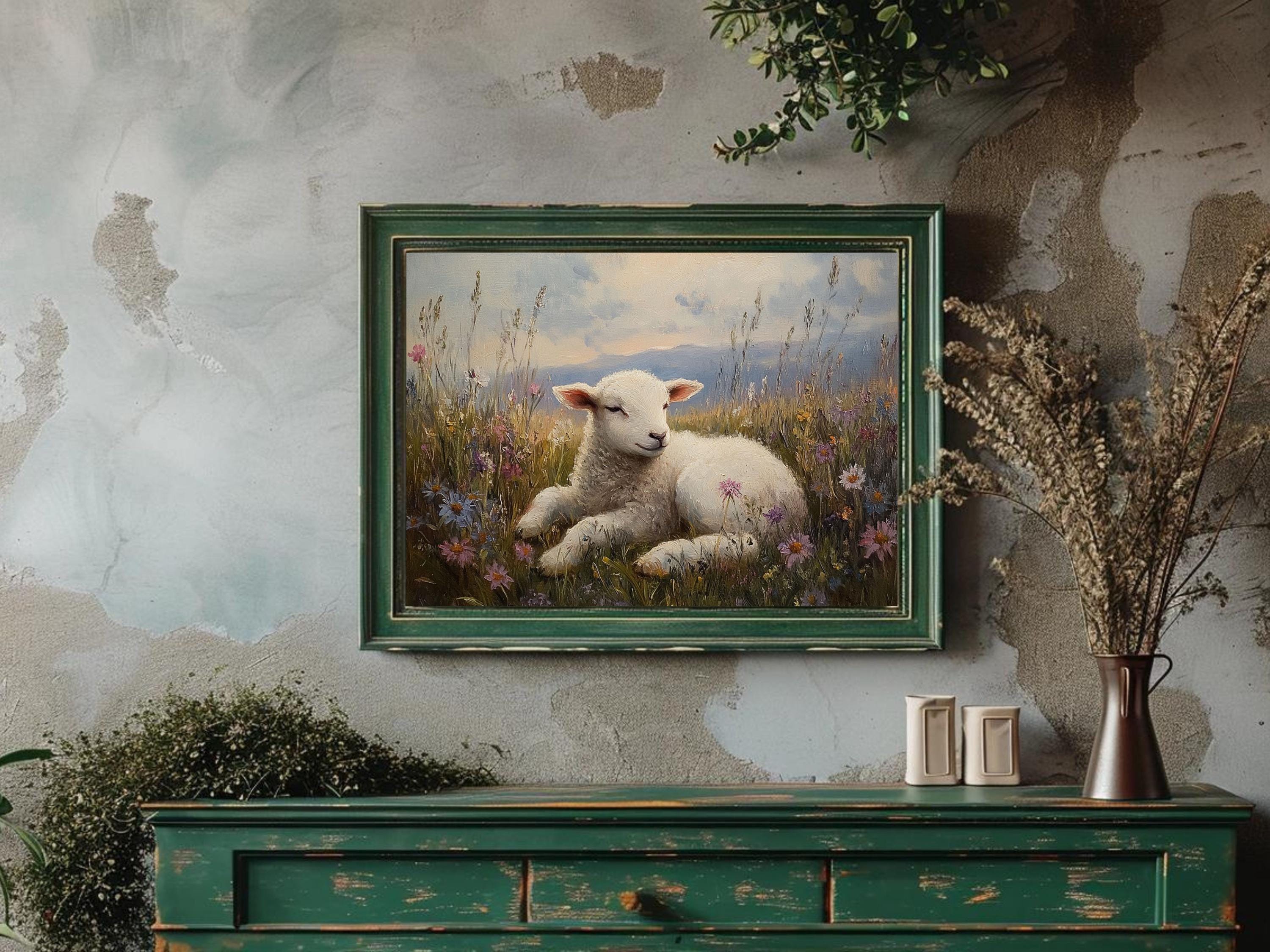 Lamb in Wildflower Meadow Vintage Oil Painting, Cottagecore Wall