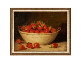 Vintage Strawberry Oil Painting Print, Kitchen Wall Art (Digital Download)
