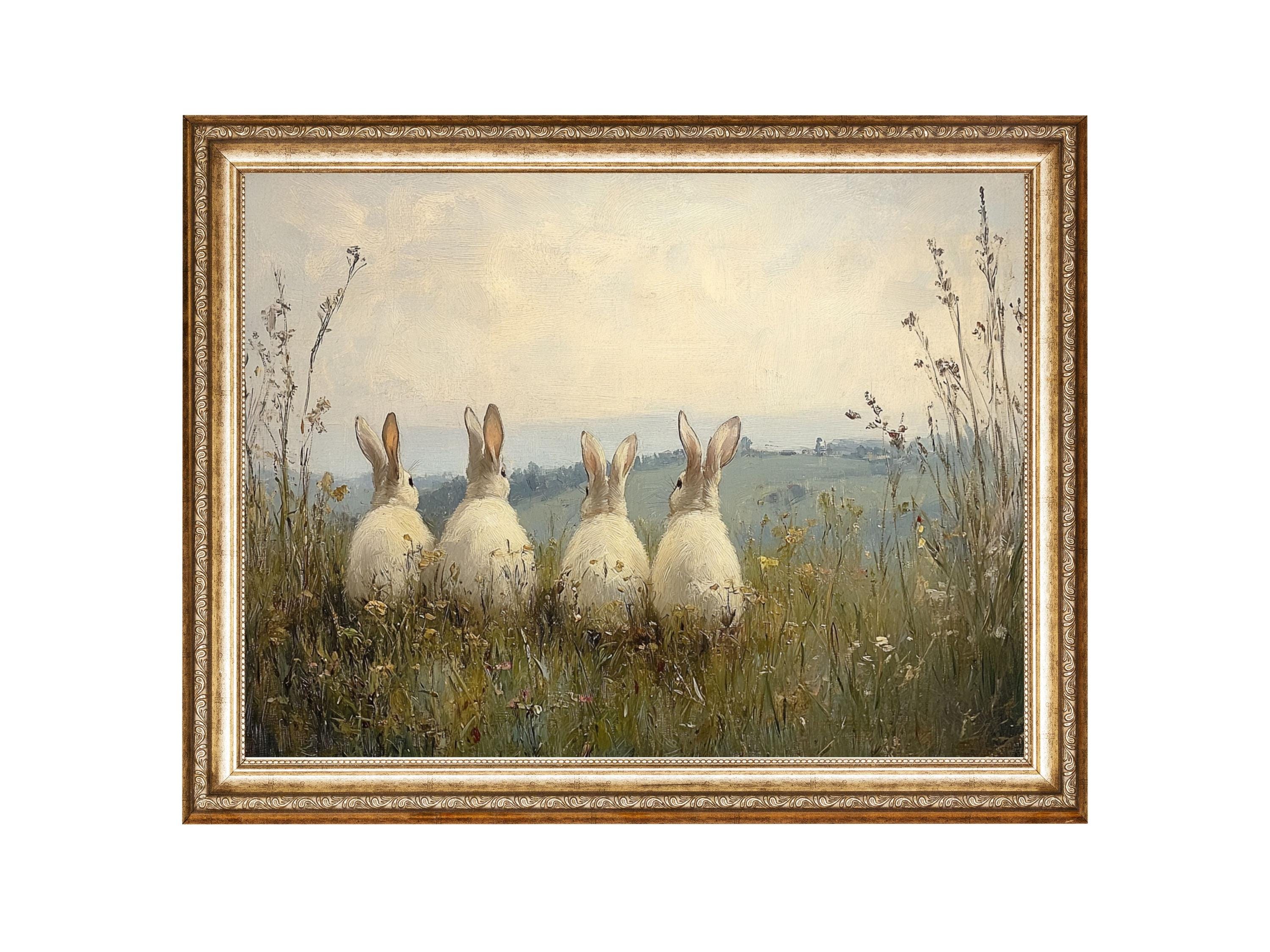 Four Rabbits In Meadow Vintage Oil Painting, Cottage Core Art VINTAGE Painting, Printable Wall Art, DIGITAL PRINTS