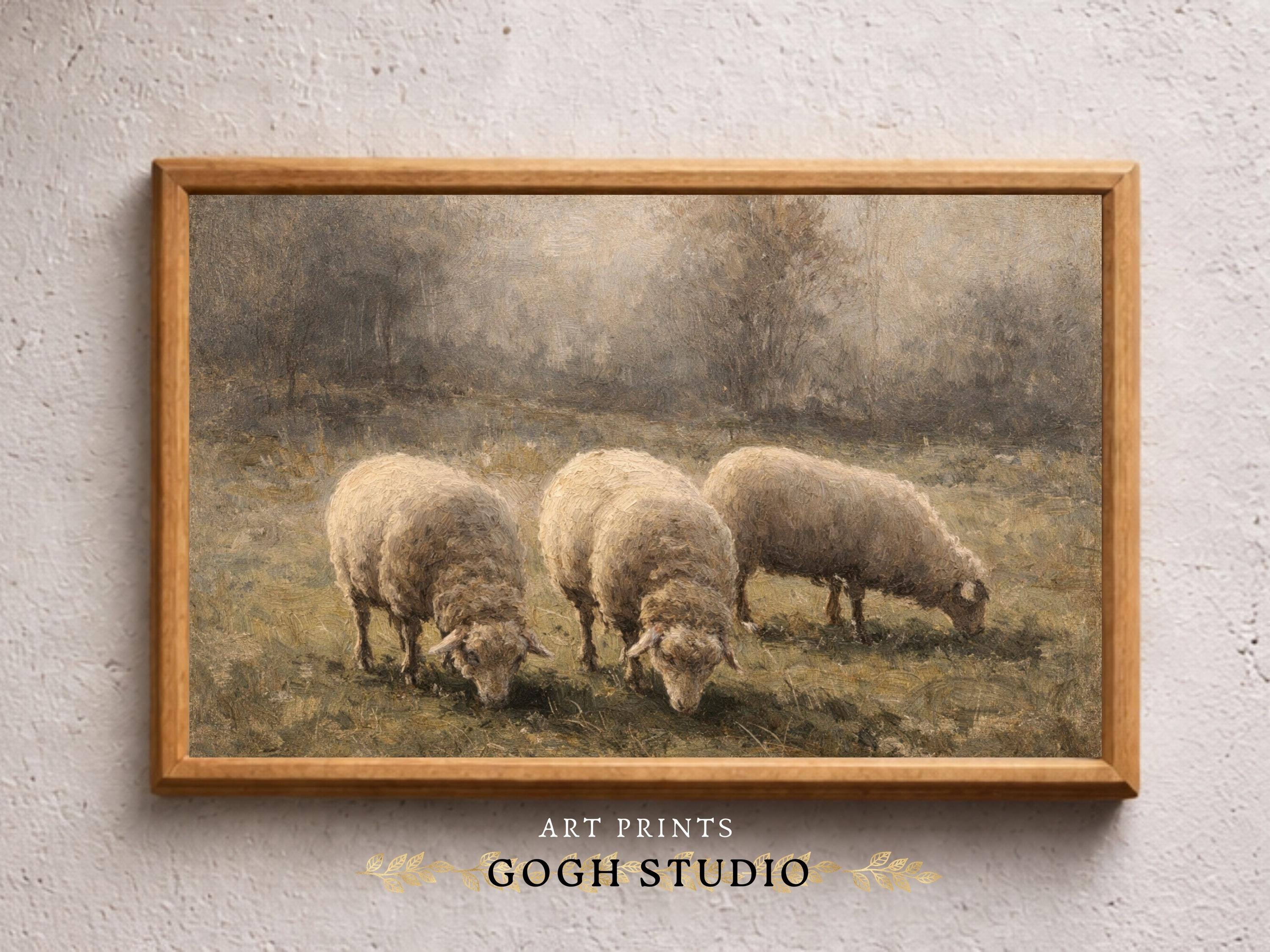 Printable Sheep Landscape Oil Painting Rustic Farmhouse Wall Art ...