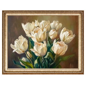 Tulip Flowers Art Print Flower art White Tulips PRINT Vintage Oil Painting Rustic Apartment And Home Decor