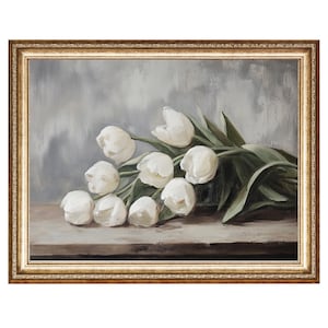 White Tulips Floral Still Life Elegant Botanical Art VINTAGE Oil Painting, Cottagecore Wall Art, Printable Wall Art, Digital Prints