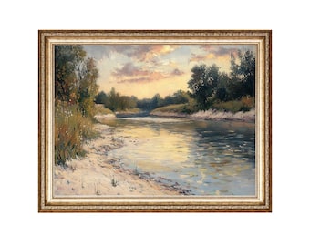 Pintura a óleo vintage de paisagem fluvial, arte de parede com estilo campestre (impressões digitais)