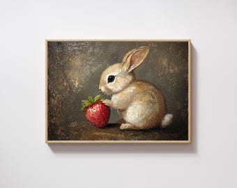 Bunny Painting and Strawberry Cute Rabbit Wall Art Oil
