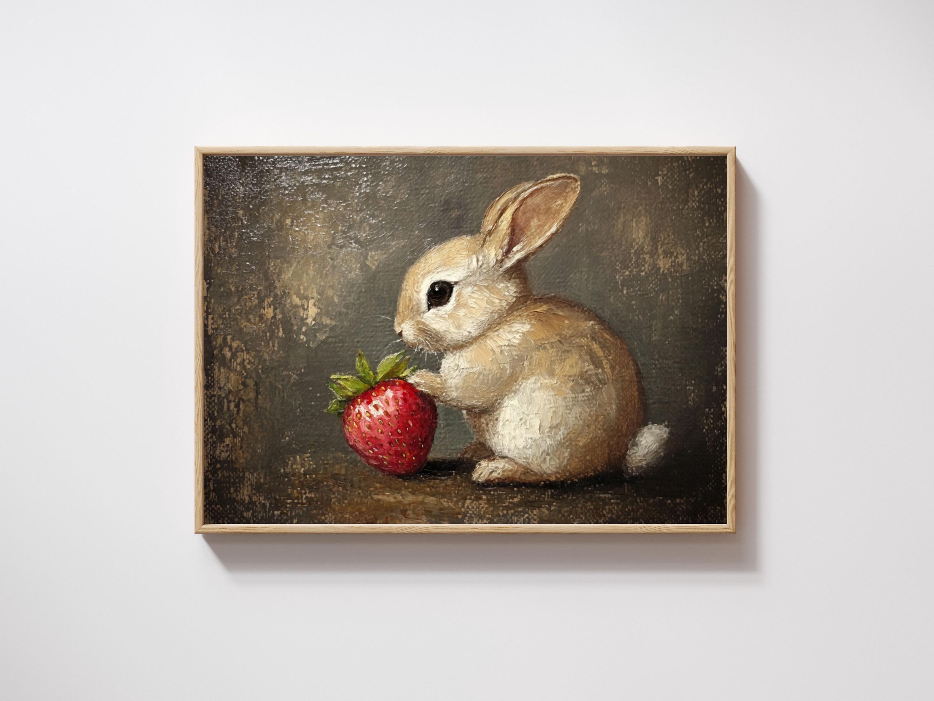 絵画 strawberry & cutie rabbit Bunny Painting and Strawberry Cute Rabbit Wall Art Oil