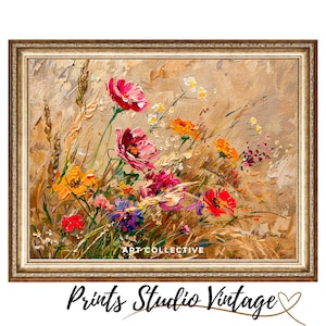 Meadow Print Field Of Flowers - Landscape Painting Yellow Floral Art - Vintage Flowers Art Cottagecore Decor
