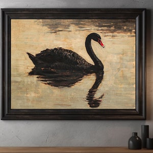 Black Swan Vintage Lake Painting Moody Nature ART PRINT Vintage Oil ...