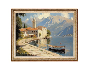 Vintage Mediterranean Village Oil Painting Art Print, Coastal Lake Scene (Digital Prints)