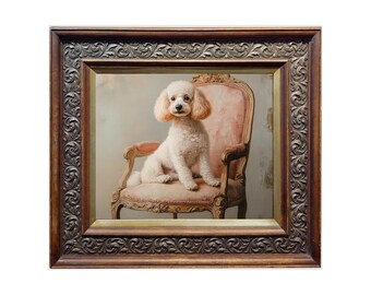 プードルの肖像画、フランスのヴィンテージチェア、貴族のペットアート