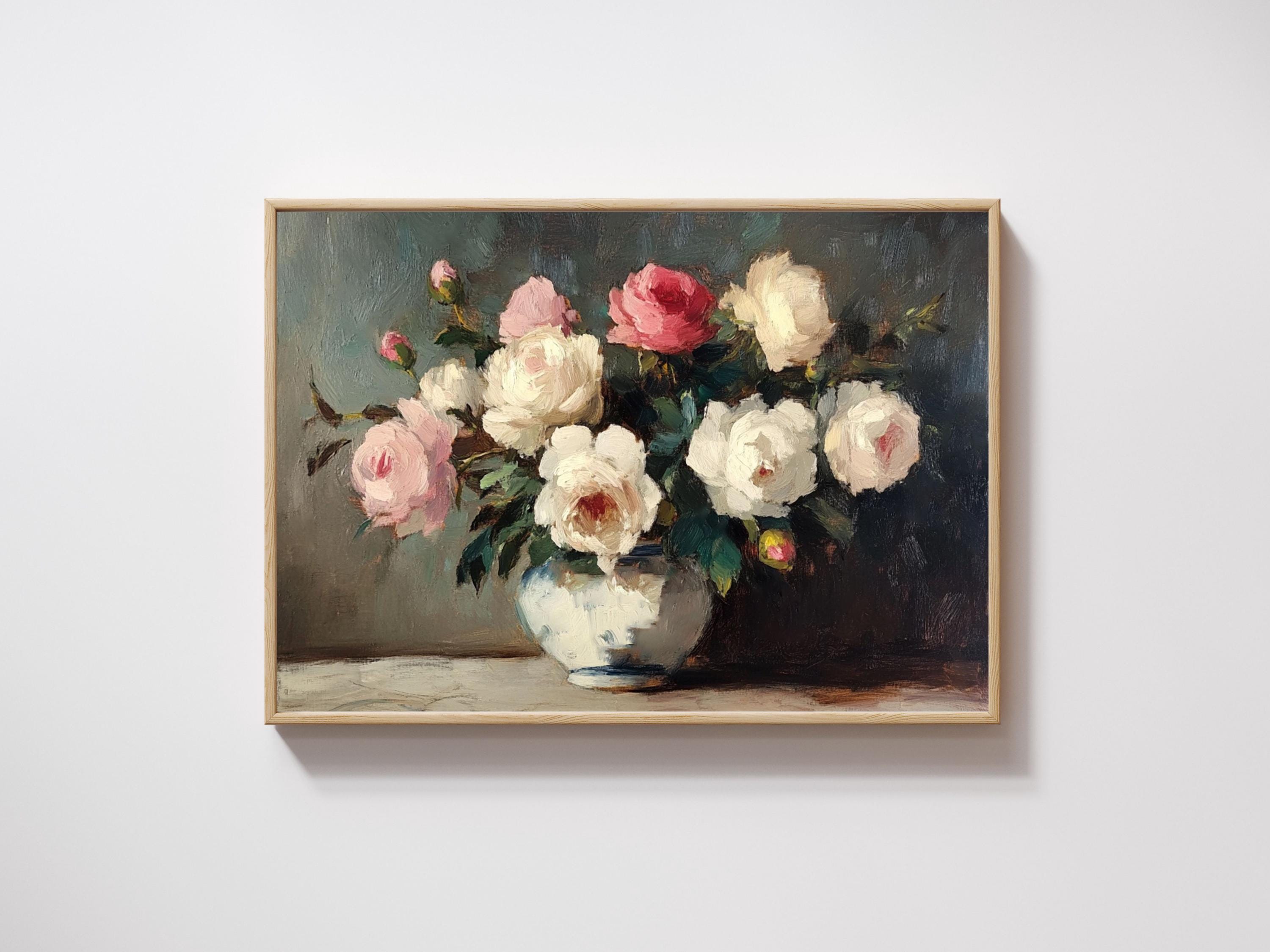Vintage Rose Still Life Painting, Cottagecore Floral Art (digital ...
