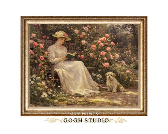 Vintage Woman Reading in Garden Painting (Digital Download)