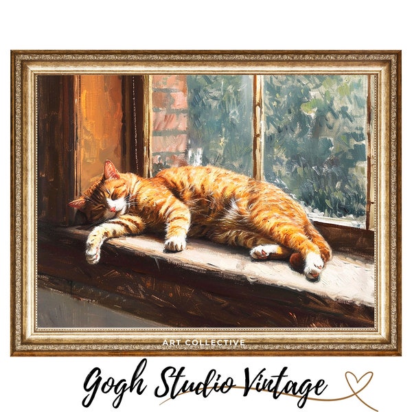 Funny Cat Oil Painting Cat Decor, Cat Sleeps on the Windowsill, PRINTABLE Large Oil Painting, WALL ART Digital Download, Downloadable Prints