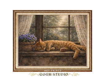 Vintage Sleeping Cat Oil Painting Print, Antique Feline Art (Digital Download)
