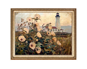 Lighthouse Painting Coastal Decor, Wall Art Vintage Prints PRINTABLE Digital Download Large Wall Art