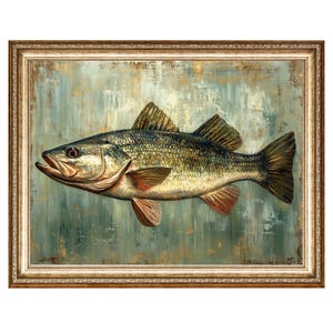 Vintage Fish Print Nautical Art Largemouth Bass Oil Painting, Cottage Core Art, VINTAGE Painting, DIGITAL PRINTS