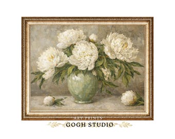 Pintura a óleo vintage de peônias, arte floral estilo casa de campo (impressões digitais)