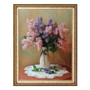 Lilac Flowers in Cream Vase with Lace Tablecloth, Floral Art VINTAGE Oil Painting, Cottagecore Wall Art, Printable Wall Art, Digital Prints