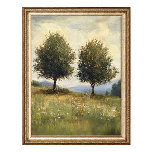 Two Trees In Wildflower Meadow Landscape Oil Painting VINTAGE Oil Painting, Cottagecore Wall Art, Printable Wall Art, Digital Prints