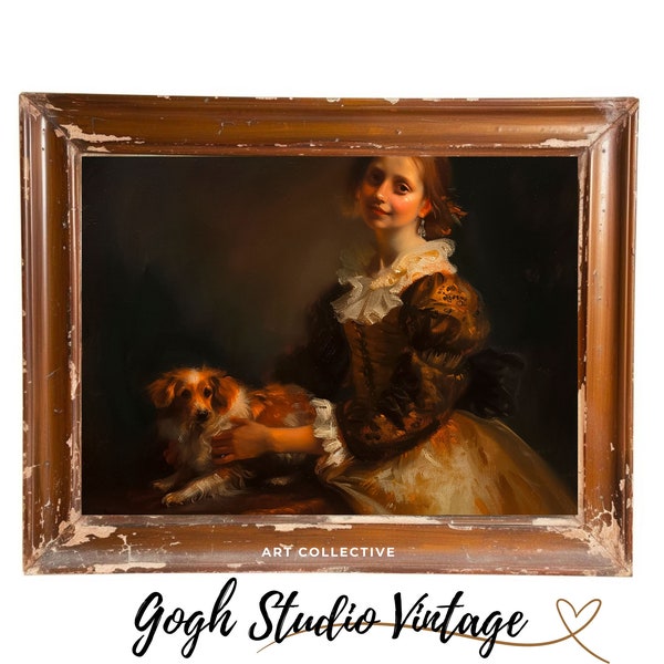 Vintage Print Woman and Dog Portrait Painting, Mid Century Victorian Woman Art, Fine Art PRINTABLE Oil Painting WALL ART Digital Download