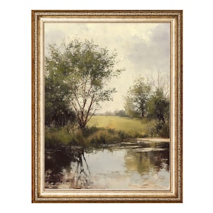 Tranquil River Landscape with Trees Nature Scene, VINTAGE Oil Painting, Cottagecore Wall Art, Printable Wall Art, Digital Prints