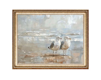 Impresión de pintura al óleo vintage de gaviota, decoración costera de playa (imprimible)