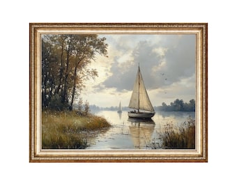 Vintage Sailboat Oil Painting, Nautical Lake Art (Digital Prints)