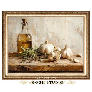 Impresión de bodegón de cocina vintage con hierbas y ajo (descarga digital)