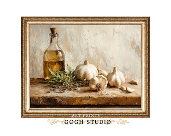 Vintage keuken stilleven print kruiden knoflook (digitale download)