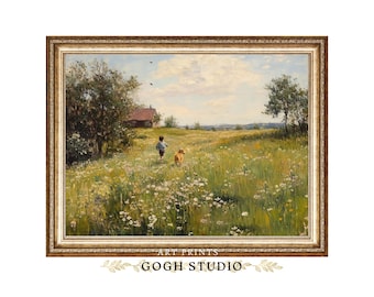 Vintage olieverfschilderij Boy and Dog Wildflower Meadow, Cottagecore-muurkunst (digitale print)