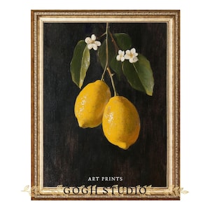 Lemon Branch Vintage Printable Wall Art Still Life Painting Dark Botanical Fruit Kitchen Dining Room Rustic Farmhouse Decor