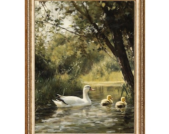 Vintage Duck and Ducklings Oil Painting – Cottagecore Animal Print (Digital Print)
